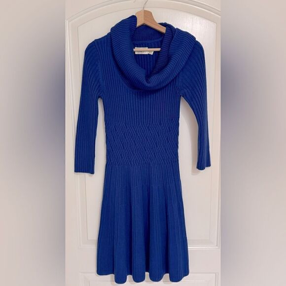Eliza J Long Sleeved Cowl Neck Ribbed Knit Dress in Royal Blue Size S - Picture 2 of 8
